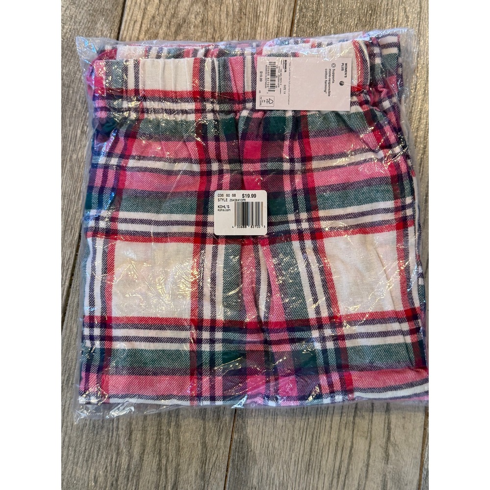 Kohl's Pajama Bottoms 1X Pink Green Plaid Holiday Sleepwear Womens Plus Size NWT